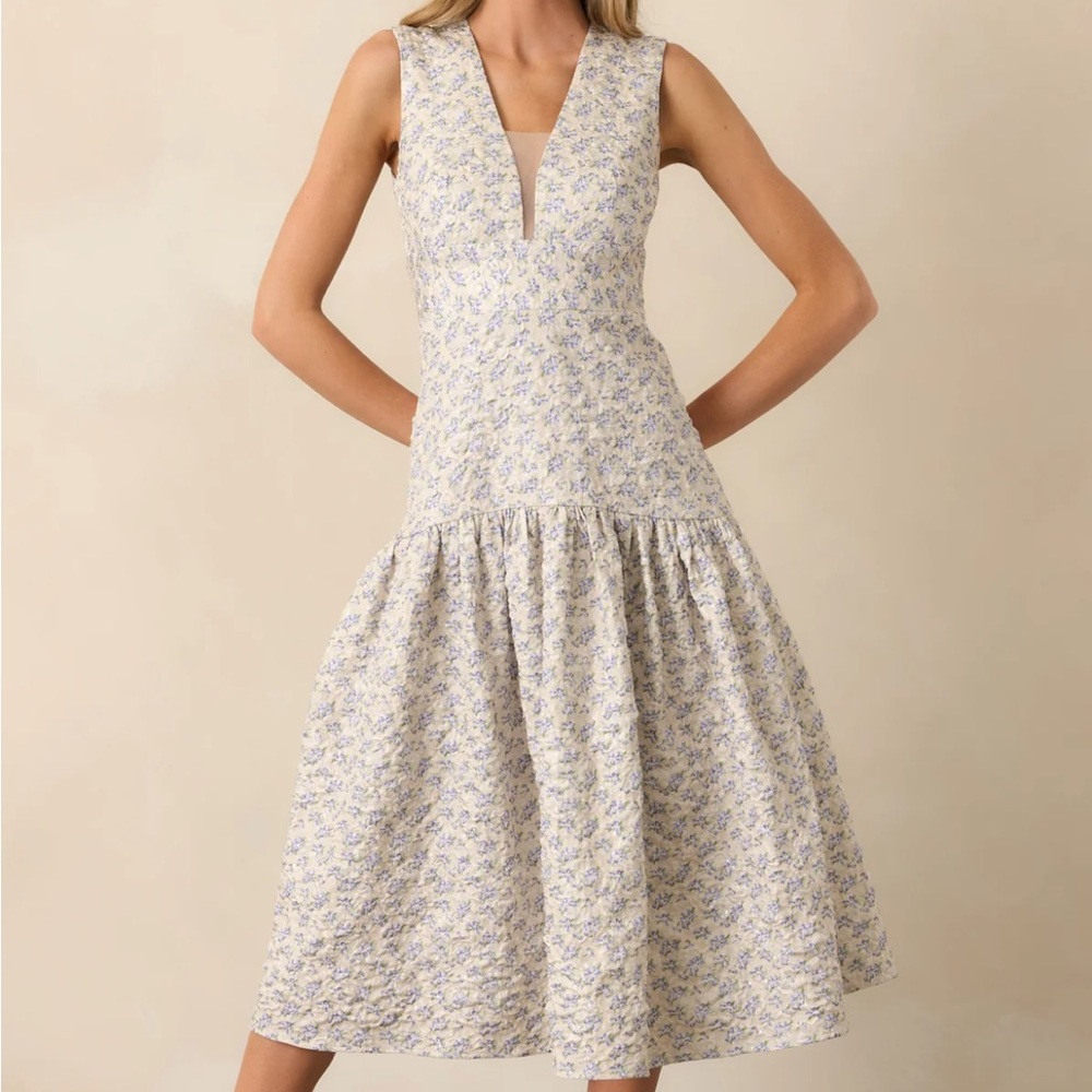 Just Me Ivory Midi Dress with Lilac Floral Print